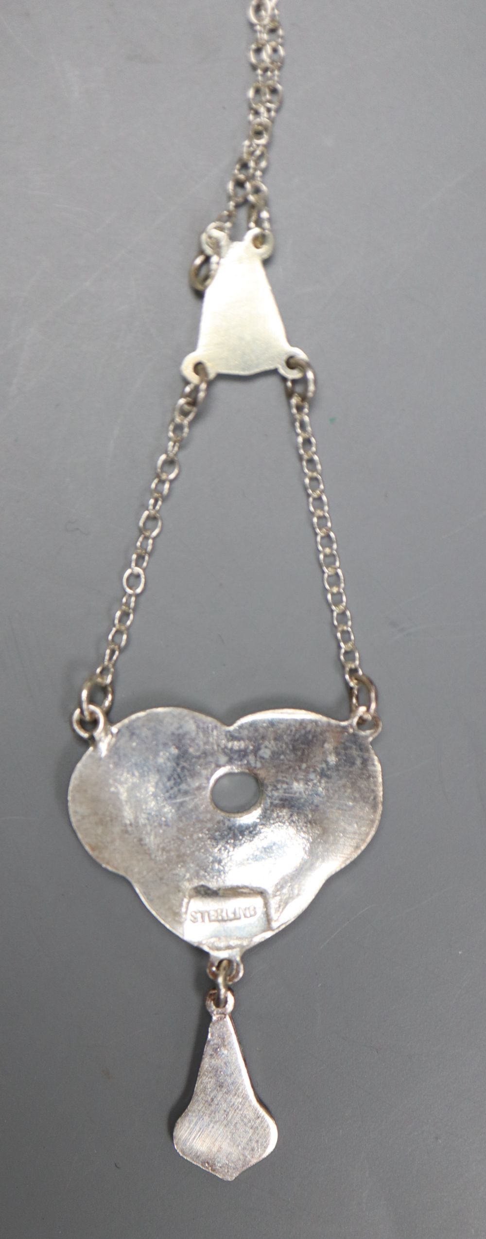 A modern Art Nouveau style sterling and enamel drop pendant necklace, overall 56cm.